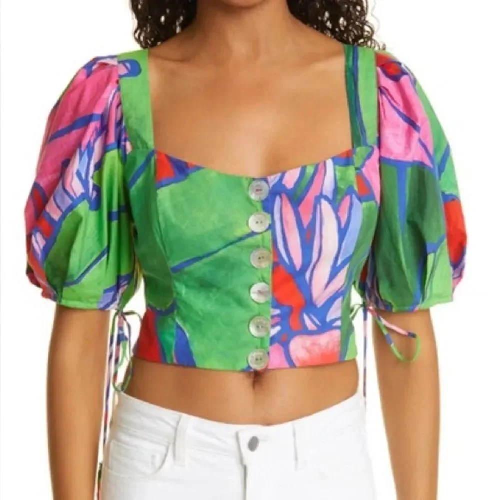 New FARM Rio Tropical Bunch Crop Green Multicolor Puff Sleeve Blouse